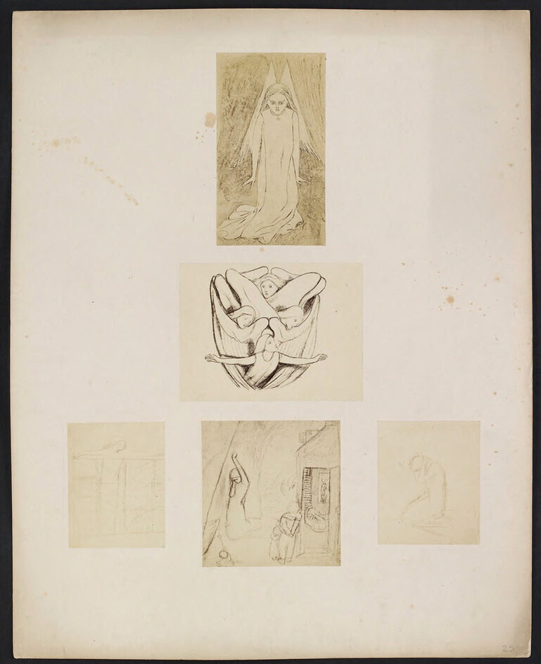 Studies of angels and kneeling women, with study for 'The Blessed Damozel'