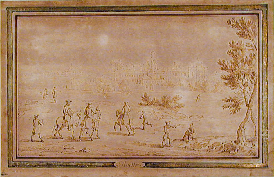Landscape with three horsemen and other figures, with a building in the distance