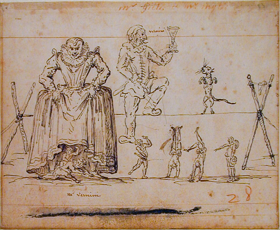 Recto:  A tightrope walker, holding a drinking glass, and other acrobats
Verso: Two figures from the Italian Comedy with two smaller figures in caricature