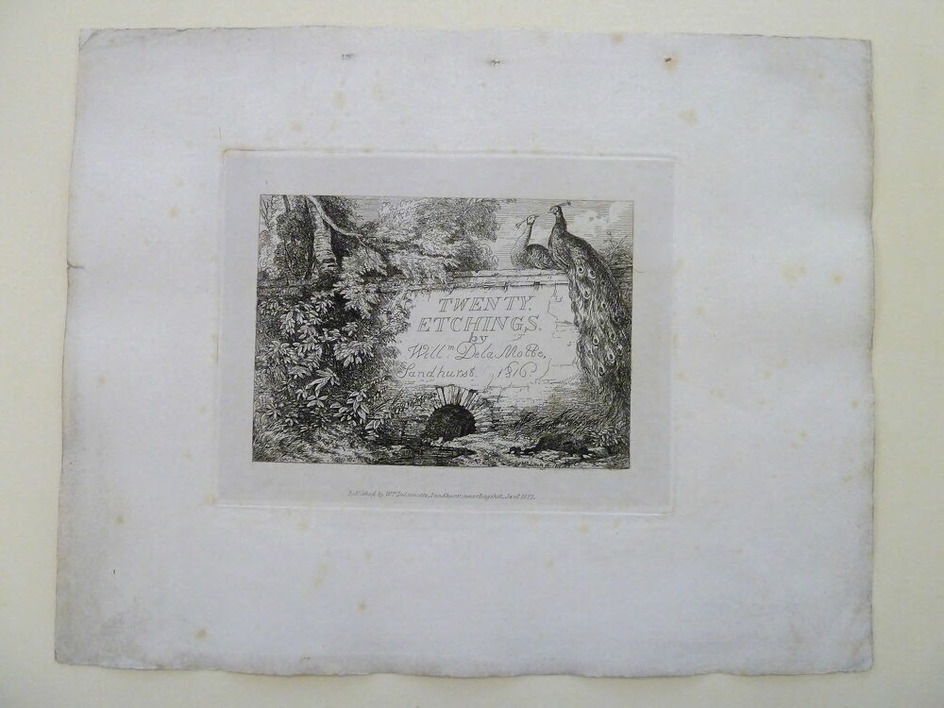Twenty Etchings: title page, showing a bridge over a stream and two peacocks
