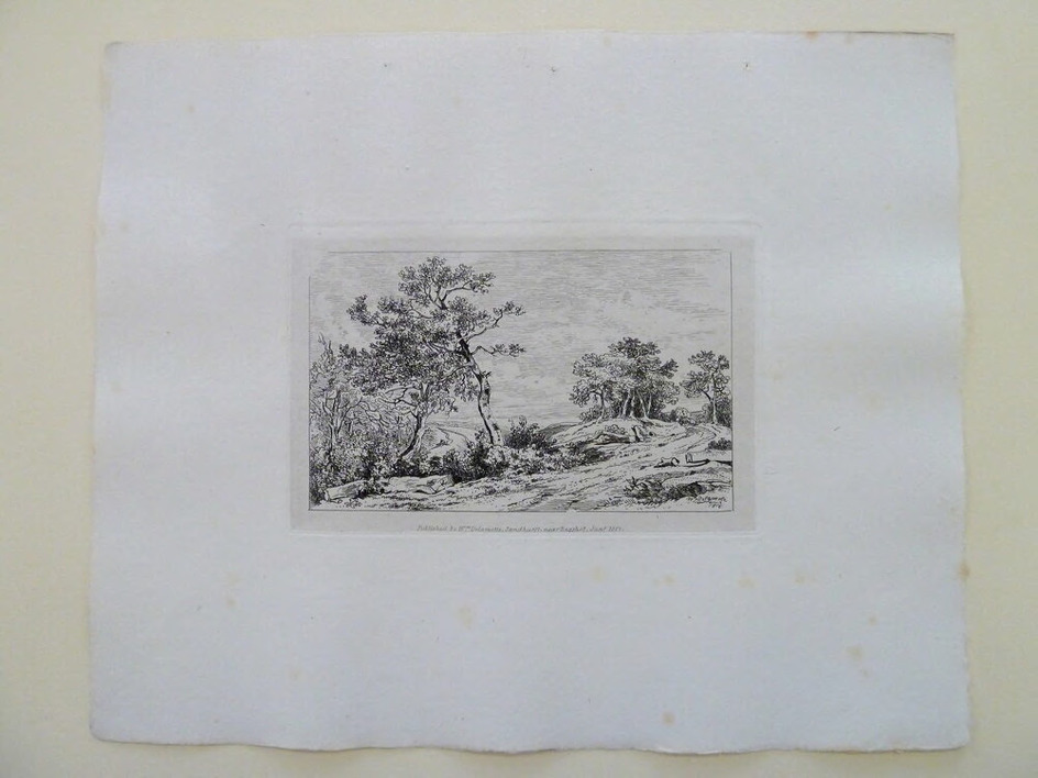 Twenty Etchings: isolated lane on hilly landscape with trees, several fallen or felled