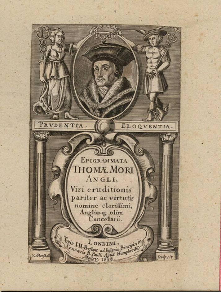 Title-page to Thomas Moore's 'Epigrammata', with title on a cartouche in the centre, an oval portrait of the author flanked by a female figure 'Prudentia' and Mercury as 'Eloquentia'