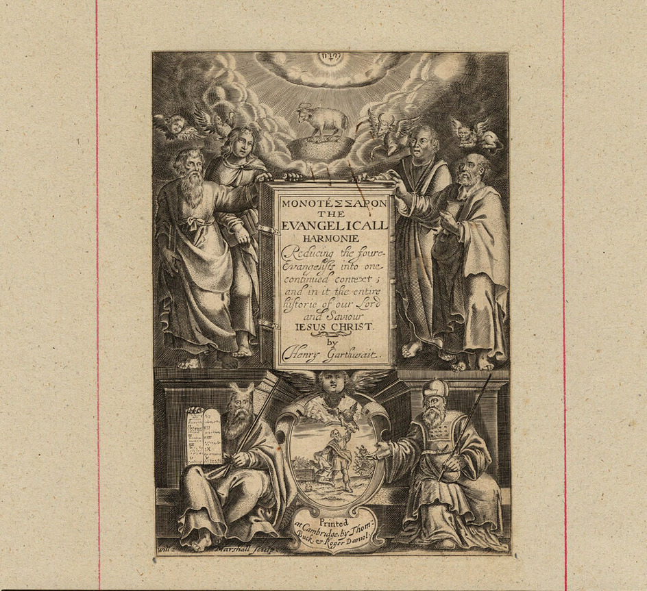 Title-page to Henry Garthwait's 'ΜΟΝΟΤΕΣΣΑΡΟΝ The Evangelicall Harmonie', with title on a book in the centre, flanked by the four Evangelists and their attributes, tetragrammaton and the Lamb above, cartouche below with the Sacrifice of Isaac, two prophets in the lower corners