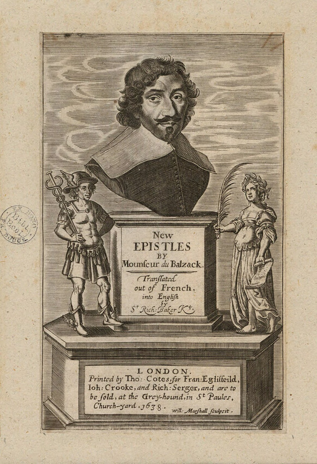 Title-page to Jean Louis Guez de Balzac's 'New Epistles', with title on a plinth, with portrait bust of the author, flanked by Mercury on the left and History on the right