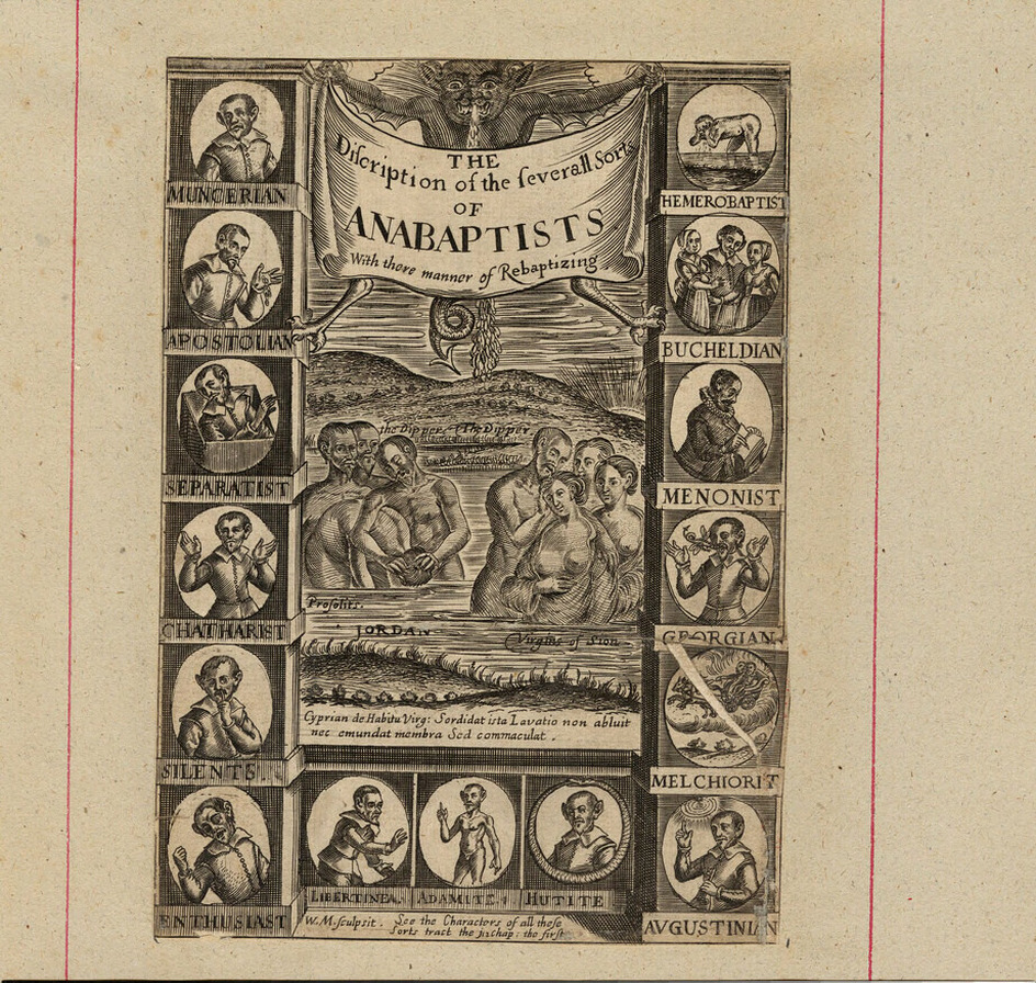 Frontispiece to Daniel Featley's 'The Dippers Dipt, or, The Anabaptists Duck'd and Plung'd over Head and Eares', with title on a sheet held by a vomiting devil, with a scene of baptisms in the River Jordan, with fifteen oval portraits depicting different Protestant sects