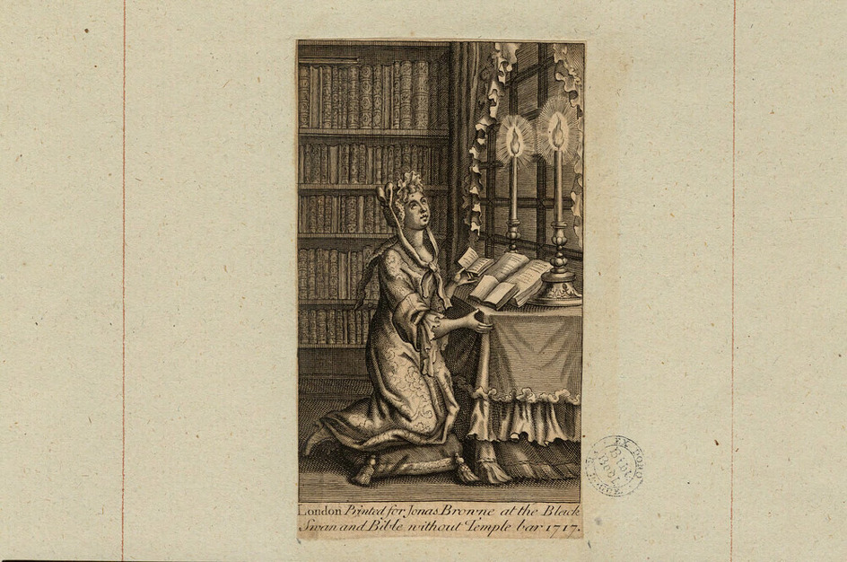Frontispiece to an unidentified publication, with central female figure knelt before a private altar with lighted candles and three open books