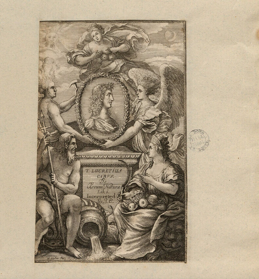 Frontispiece to John Evelyn's 'An Essay on the First Book of T. Lucretius Carus De rerum natura', with title on a plinth flanked by Neptune and Ceres, with an oval portrait of Lucretius held by Vulcan and an angel, with a five-breasted Diana above