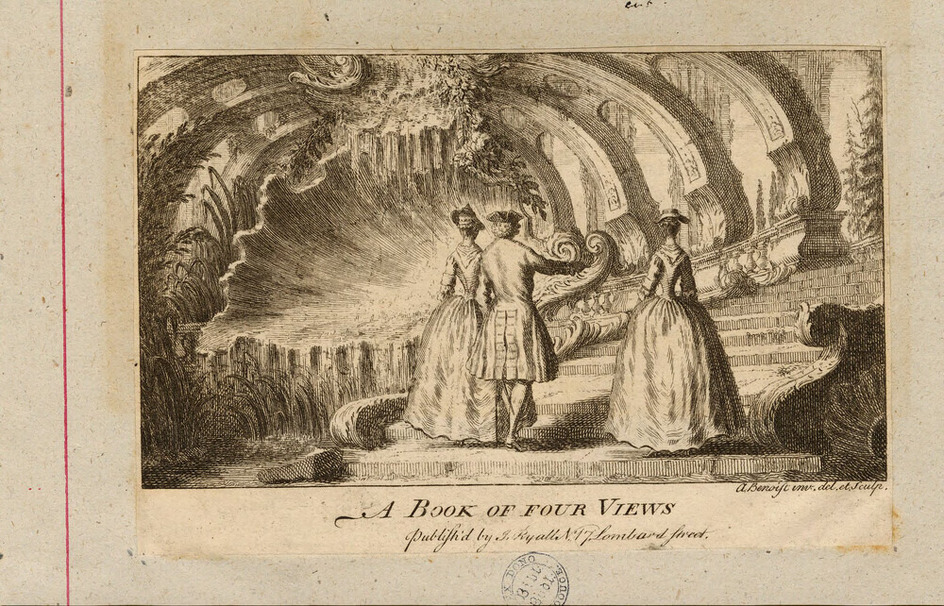 Title-page to 'A Book of Four Views', with a scene of three figures walking through ornate Grecian architecture
