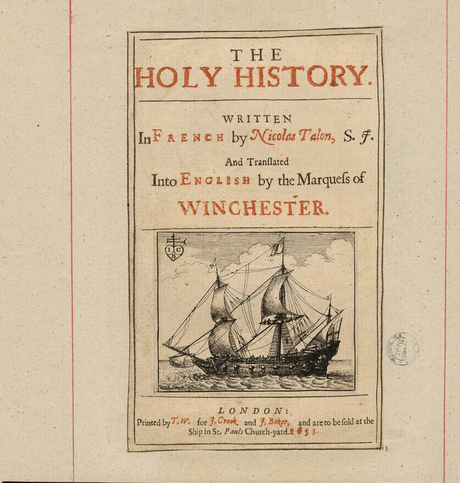 Title-page to Nicolas Talon's 'The Holy History', with title above an English warship, with publisher's monogram in upper left corner