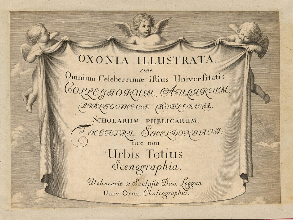 Frontispiece to the series with title on a sheet held aloft by three cherubs