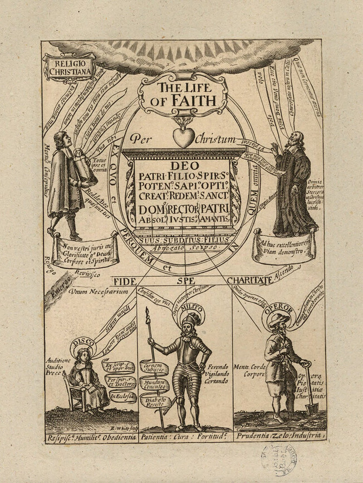 Title-page to Richard Baxter's 'The Life of Faith', with title in a cartouche above a pedestal topped with a flaming heart, surrounded by a male figure holding a baby, a male figure reading a book, an armoured male figure, a male figure holding a spade and vegetables, and a male figure wearing a collared gown