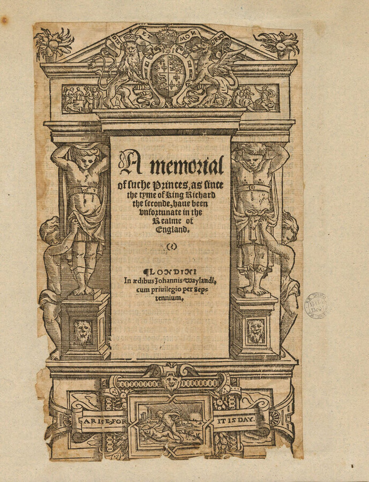 Title-page to William Baldwin's 'A Memorial of Suche Princes', with title in a tablet in an architectural design, flanked by two male figures, with the royal coat of arms above, with scene below of a nude male character being awaken at dawn