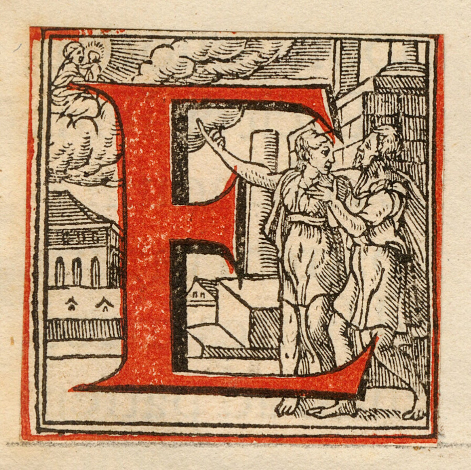 Initial letter E with New Testament scene