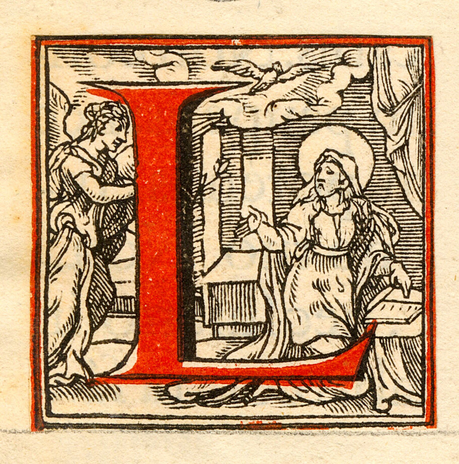 Initial letter L with scene of the Annunciation