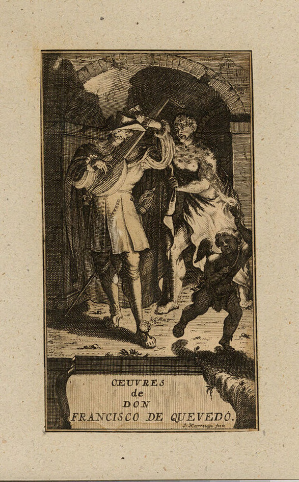 Frontispiece to Francisco de Quevedo's 'Les œuvres', with title on a tablet below a scene of a cherub lighting the way for a male figure playing a guitar and another male figure with eyes on his chest