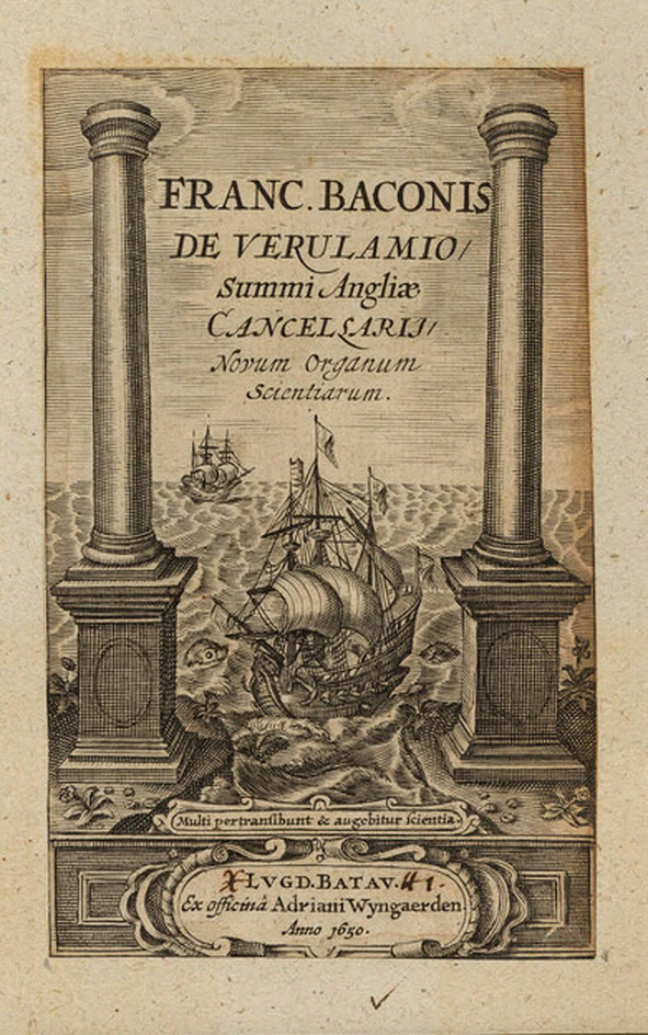 Title-page to Francis Bacon's 'De Verulamio', with title between two columns flanking a seascape with ships