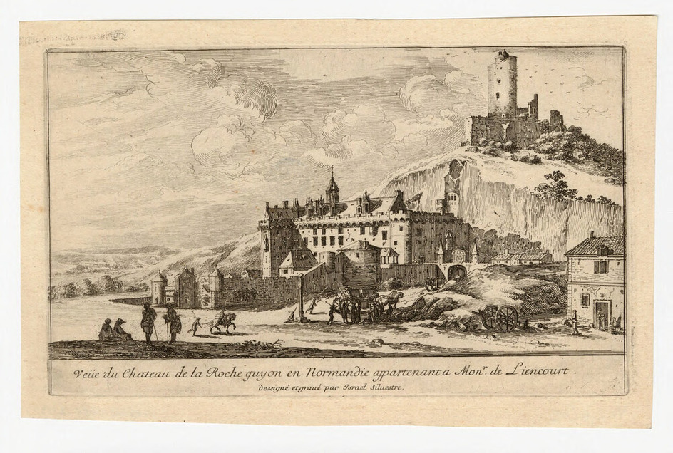 The Chateau of Roche-Guyon with figures in foreground and the old keep on a hill above