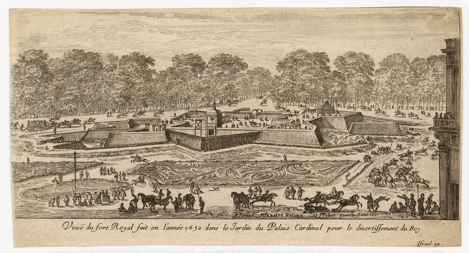 View of fortifications, arsenal, and flower beds, with people walking about, in the gardens of Palais-Royal