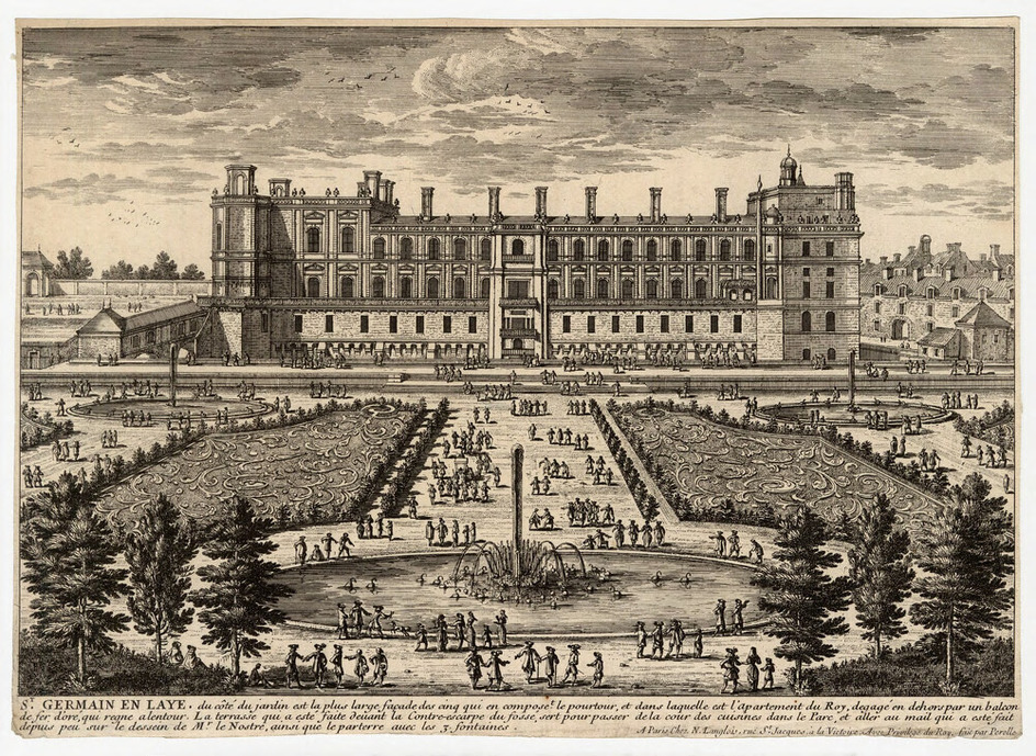View of the palace of Saint-Germain-en-Laye from the gardens with swirling hedges and a fountain with swans