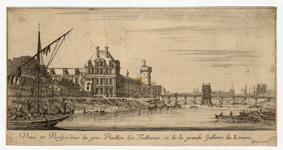 View of the Tuilleries and Louvre from Seine, with boats on the river