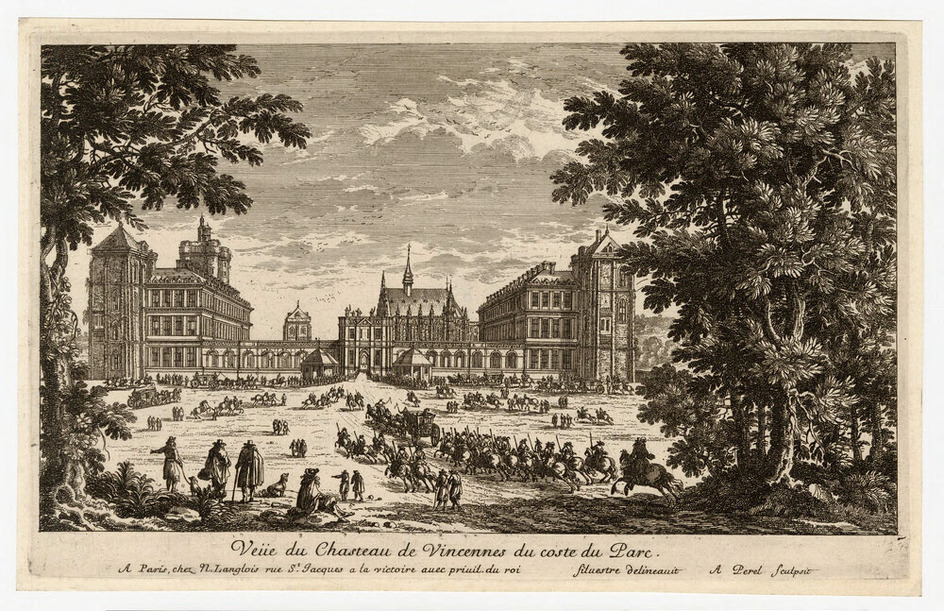 View of the château of Vincennes framed by trees, with carriages and cavalry