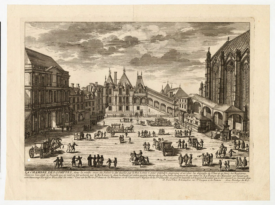 View of the Chambre des Comptes (chamber of accounts) in Paris: courtyard with figures and carriages, the Sainte-Chapelle at right