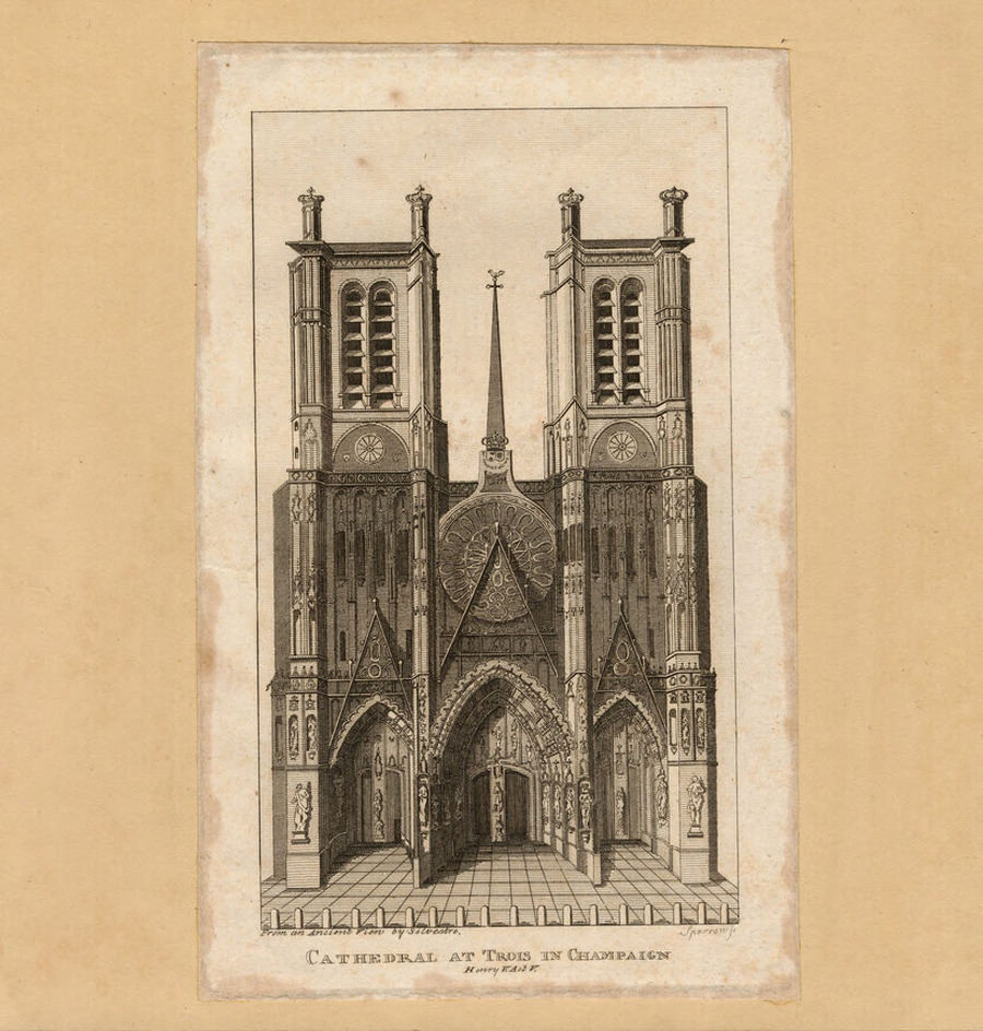 Facade of the gothic cathedral at Trois, with two towers and three portals