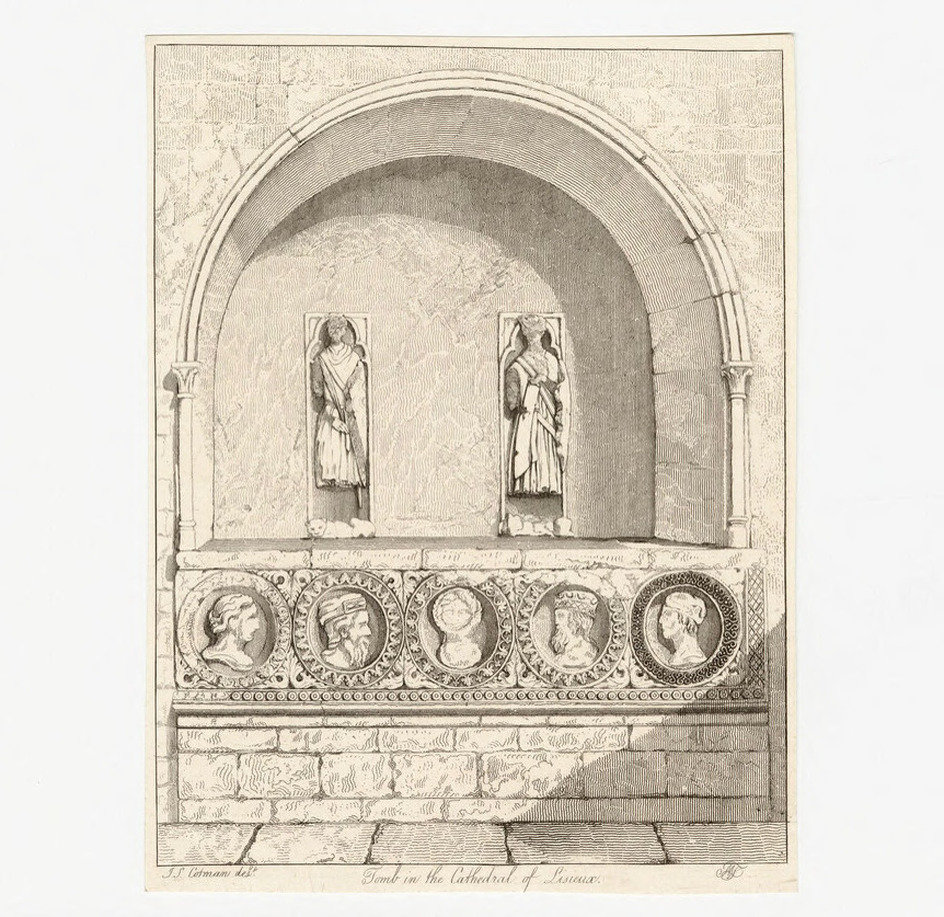Tomb in the cathedral of Lisieux, with two upright effigies in a niche and portrait roundels below