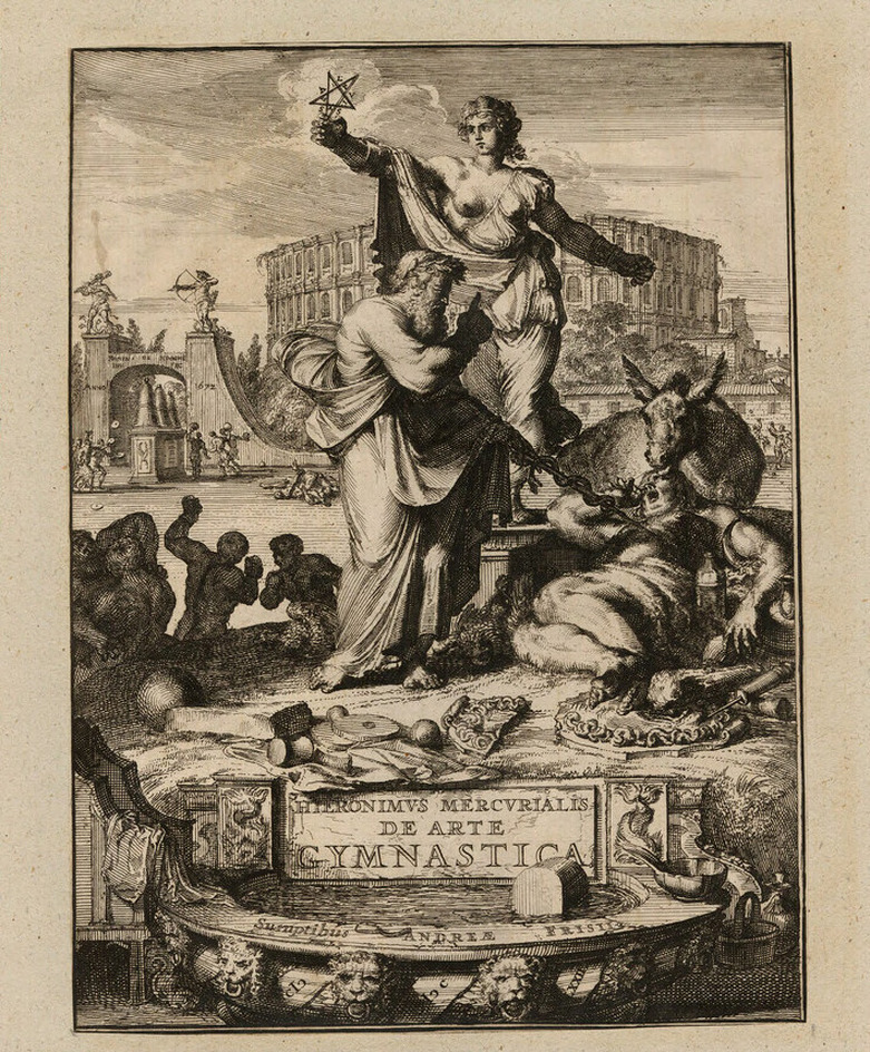 Title-page to Girolamo Mercuriale's 'De arte gymnastica', with title on a tablet forming part of an ornate architectural design, with allegorical scene above with Salus and Aesculapius