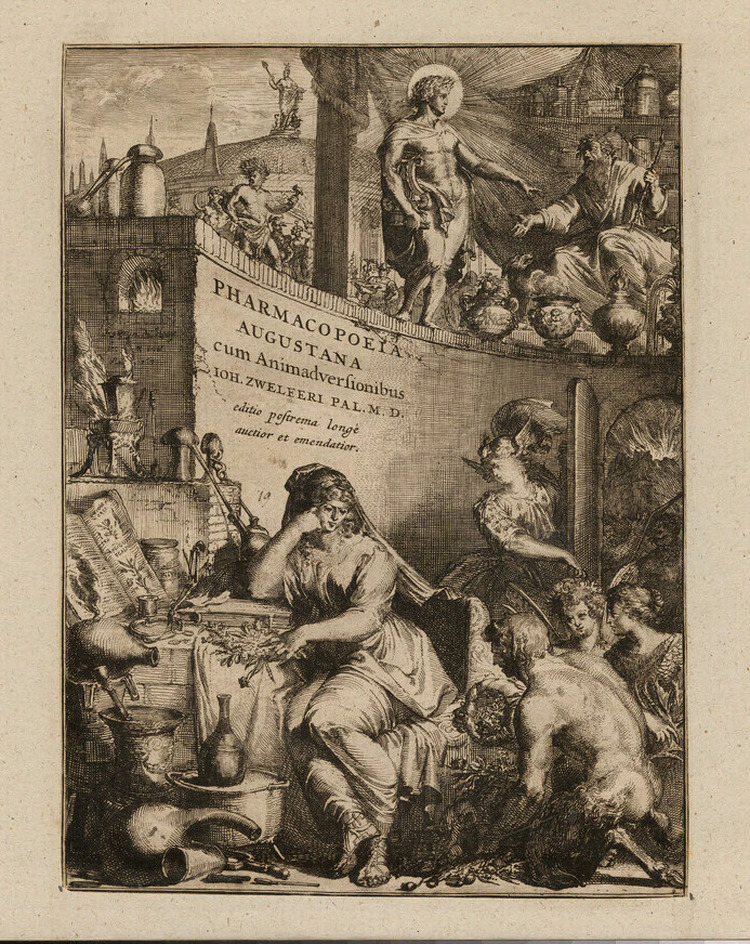 Frontispiece to Johann Zwelfer's 'Pharmacopoeia Augustana', with title on a wall topped by Apollo giving authority to Hippocrates, with various other Olympians standing outside a temple to Asclepius, with allegorical scene below of a seated female figure representing pharmacy, with a kneeling satyr