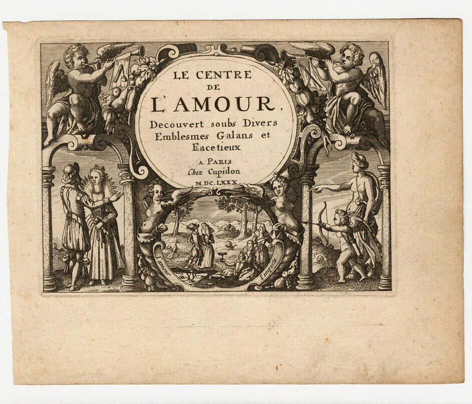 Frontispiece to the series with title on a cartouche flanked by heralding cherubs, with archways containing a couple to the left and Venus and Cupid to the right, with an ornate cartouche containing scene with various gentlemen and gentlewomen at a picnic