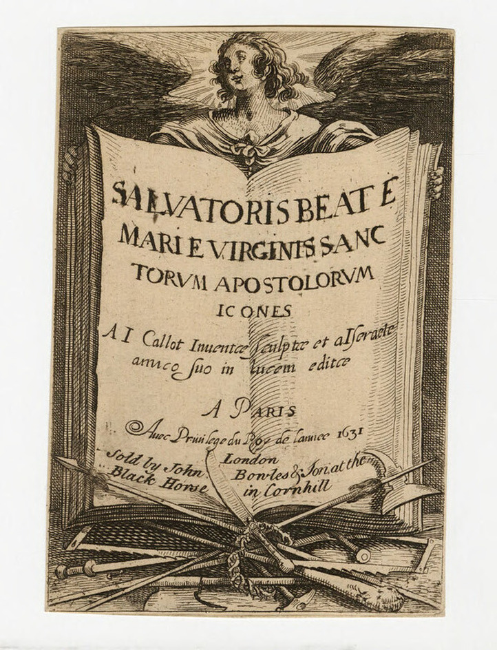 Frontispiece to the series with title in a book supported by an angel, with trophy of arms below