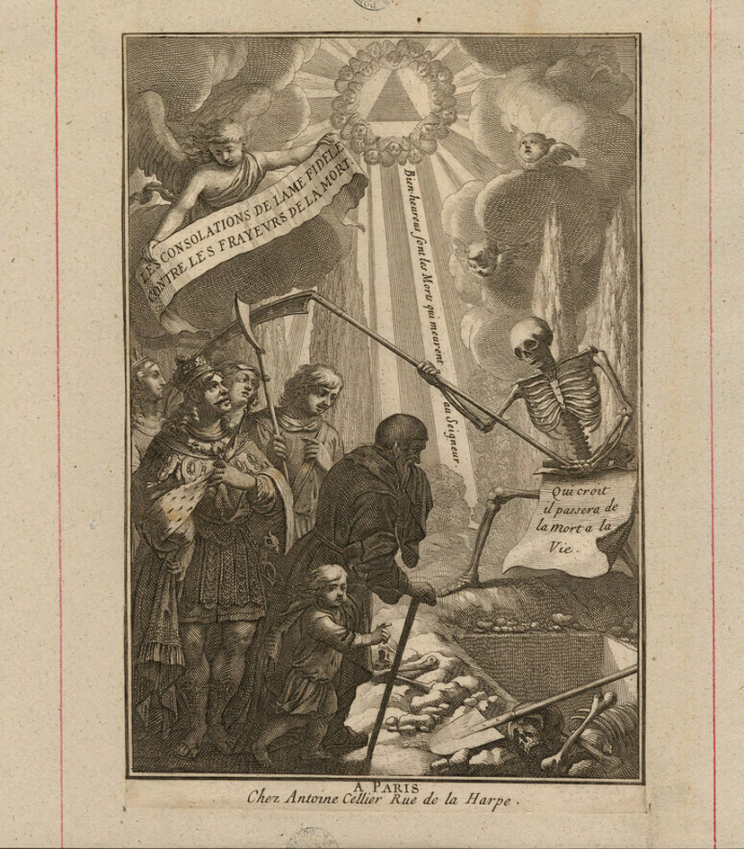 Frontispiece to Charles Drelincourt's 'Les consolations de l'ame fidèle contre les frayeurs de la mort', with title on a banderole held by an angel, with triangle representing the Trinity surrounded by cherubim, with scene of Death leading a procession including a king, a child, a princess, and an old man towards a grave