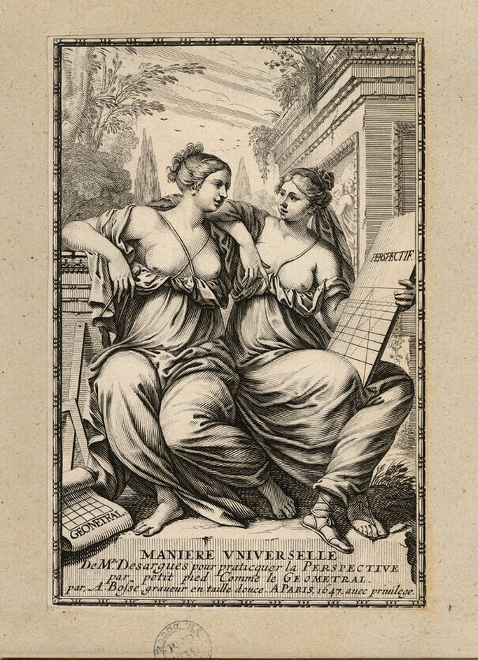 Title-page to 'La Manière Universelle de Mr Desargues Pour Praticquer la perspective par petit pied comme le Geometral', with title below allegorical scene featuring two female figures, with measuring instruments and parchment below, with landscape and classical buildings behind
