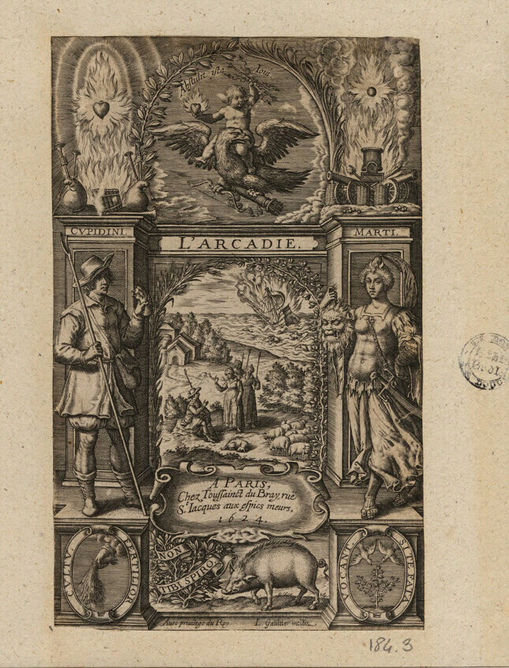Title-page to the first part of a French translation of Philip Sidney's 'Arcadia', with title in an architectural façade, flanked by sculptures of a shepherd to the left and a female warrior to the right, with the kidnapping of Ganymede above, with a flaming heart and musical instruments to the left, with weaponry to the right, with a wild boar below, flanked by ovals containing a descending hand holding a sheaf and two birds flying towards a tree
