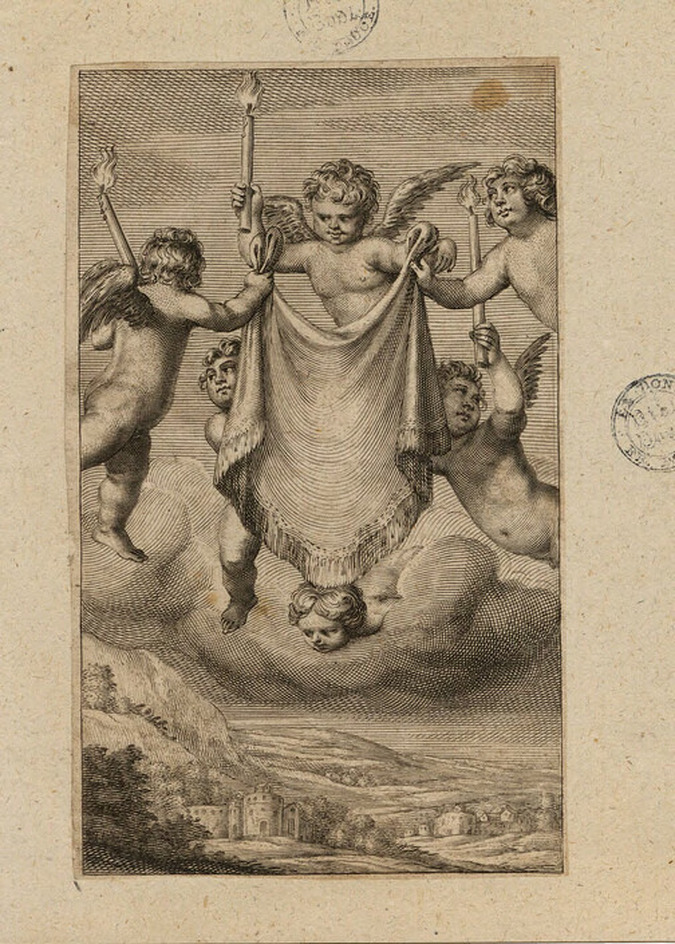 Unlettered state for a frontispiece to an unidentified publication, with space for title on a sheet held aloft by six putti, with landscape below
