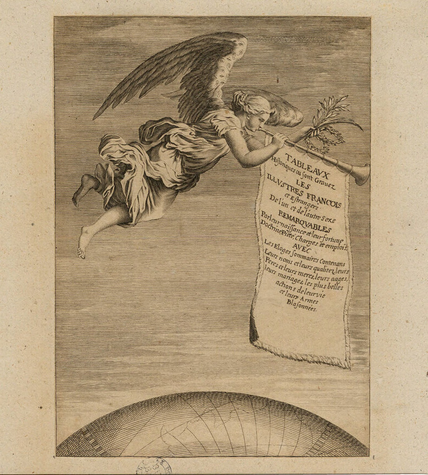 Frontispiece to the series with title on a banner, with Fame holding a palm frond, an olive branch and wreaths, with the terrestrial globe below