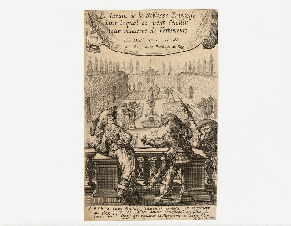 Frontispiece to the series with title on a sheet, with three male figures on a balcony overlooking formal garden with fountain and various figures