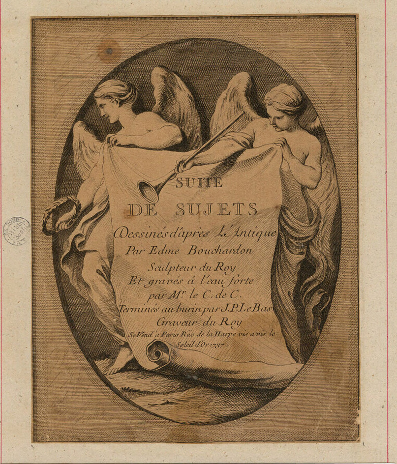 Frontispiece to the series with title on a sheet held between two angels, holding a laurel wreath to the left and a trumpet to the right