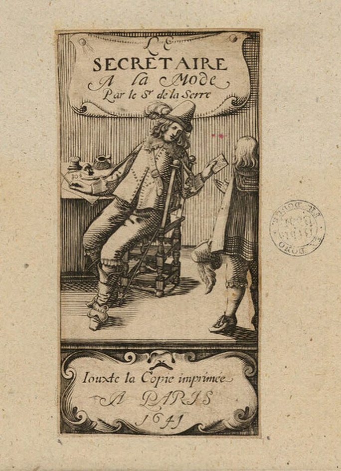 Title-page to Jean Puget de la Serre's 'Le Secretaire a la mode', with title on a sheet above interior scene of a secretary seated at a desk, passing a letter to a messenger