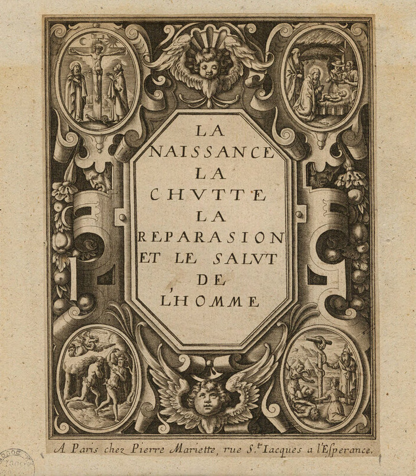 Frontispiece to the series with title in an ornate cartouche, surrounded by ovals containing the Crucifixion, the Nativity, Moses and the bronze serpent, and the expulsion from the Garden of Eden