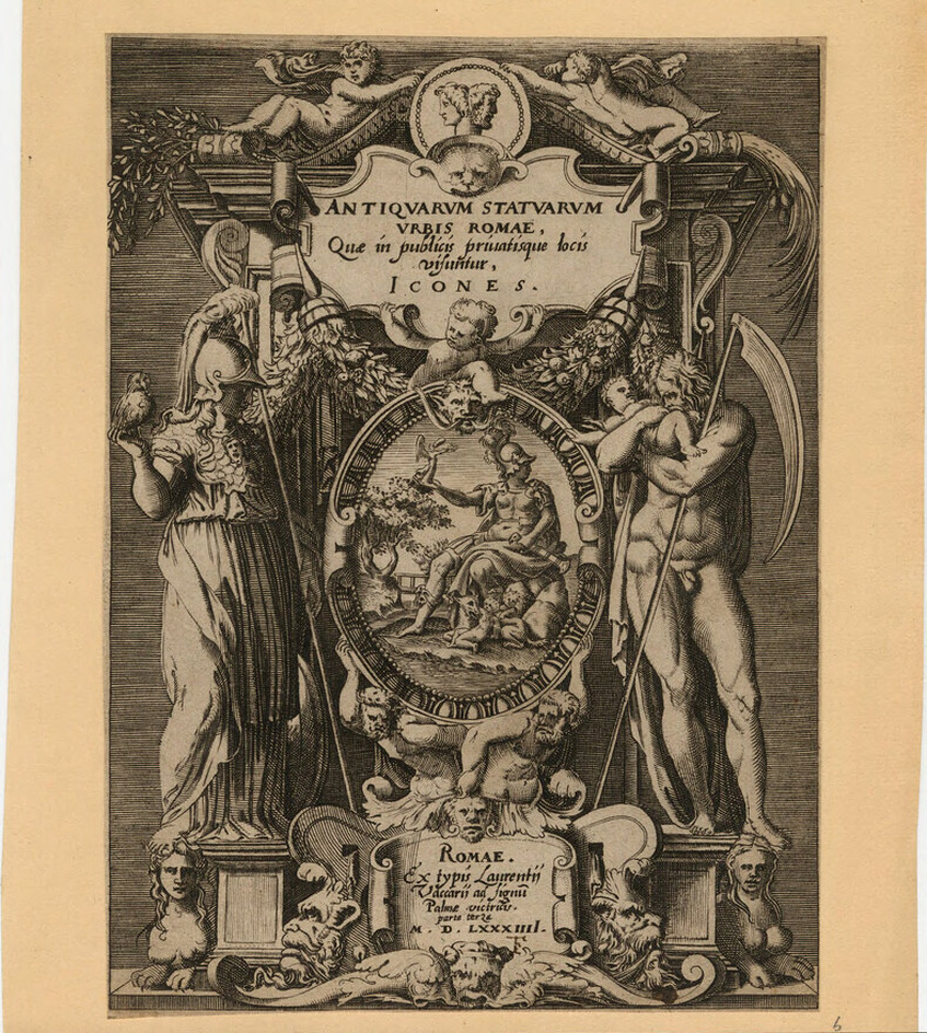 Frontispiece to the third part of the series with title in a cartouche, topped by a medallion portrait of Janus flanked by putti, with oval containing Romulus and Remus with Minerva, with statue of Minerva to the left, with statue of Saturn devouring a child to the right