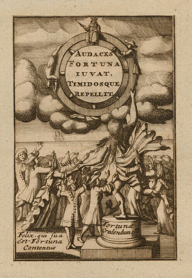 Illustration to the second part of Gregorio Leti's 'Critique historique, politique, morale, economique et comique sur les lotteries anciennes et modernes, spirituelles et temporelles des etats et des eglises', with a group of people clamouring around a statue of Fortune spinning the Rota Fortunae