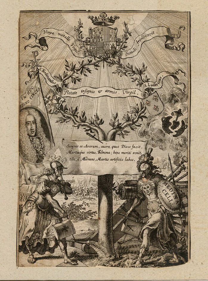 Frontispiece to Sebastian Fernandez de Medrano's 'El architecto perfecto en el arte militar', with coats of arms relating to the Duke of Medinaceli on a tree being watered by Mars to the right and Minerva holding a labarum with a portrait of the author to the left, with battle scene in the background