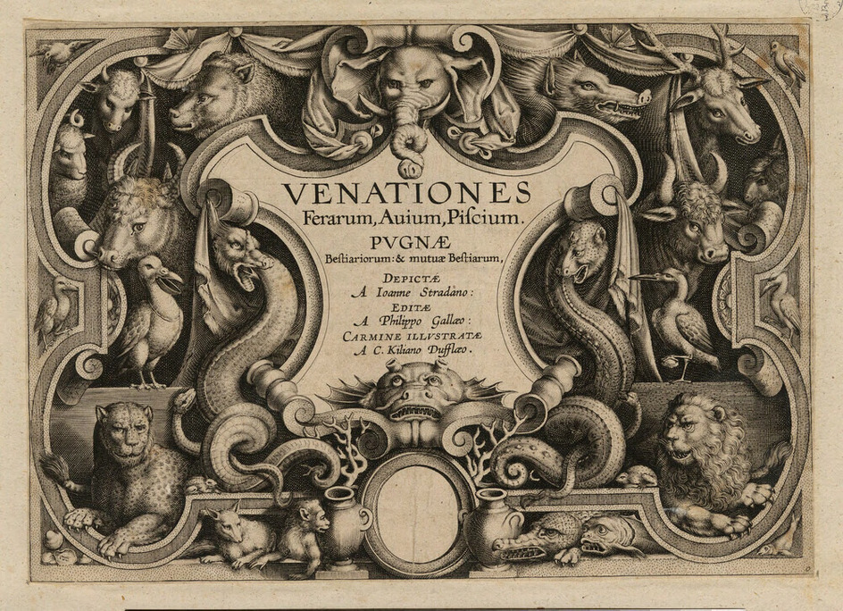 Frontispiece to the series with title in a cartouche surrounded by a variety of mammals, fish and birds, with a blank roundel below