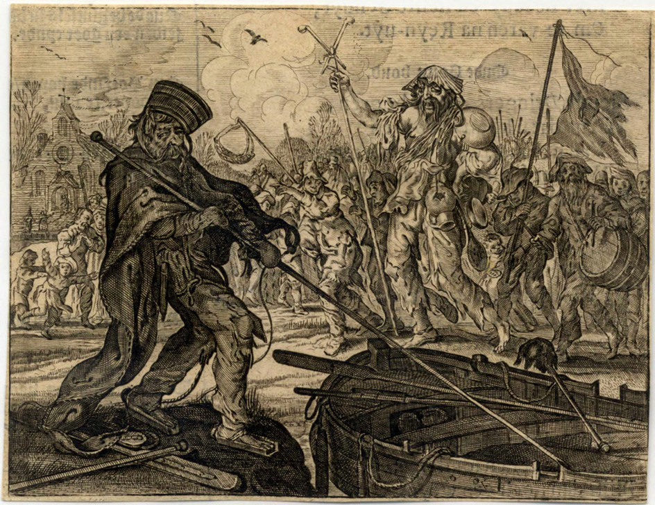 Beggars dancing near a river