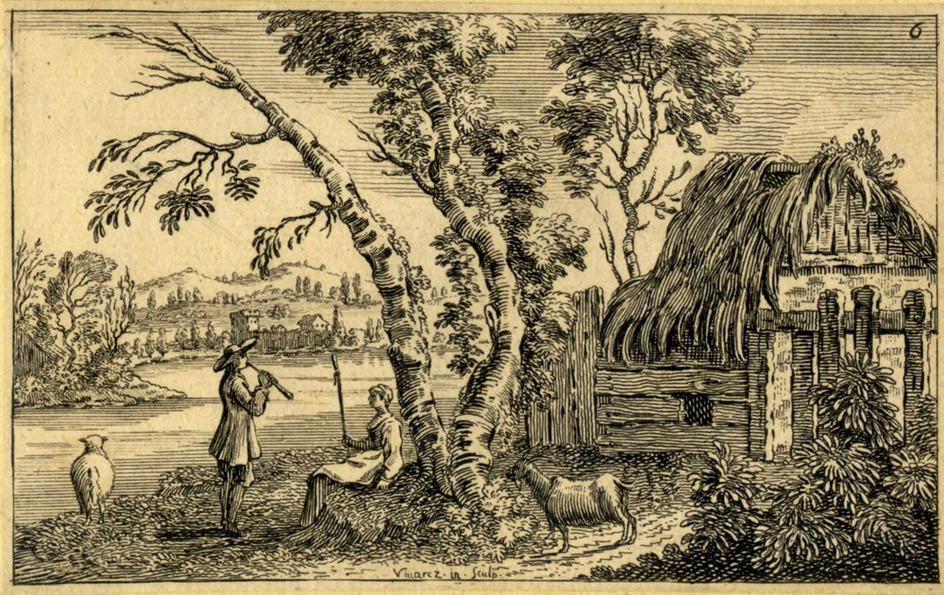 Plate 6: A young man, standing beside a river, playing the pipe in front of a woman, in the middle ground a cottage