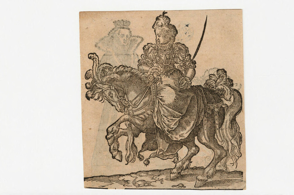A lady on a rearing horse, to the left