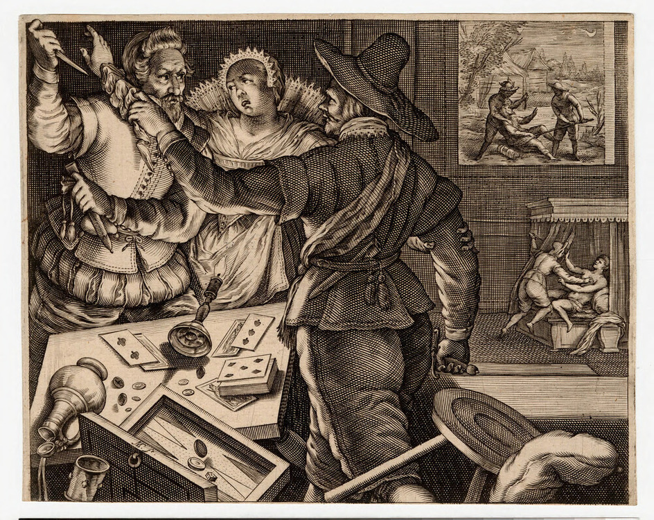 Two men argue and fight over a game of cards and backgammon, while a person is attacked with a knife in bed in the background and a murder is seen through a window