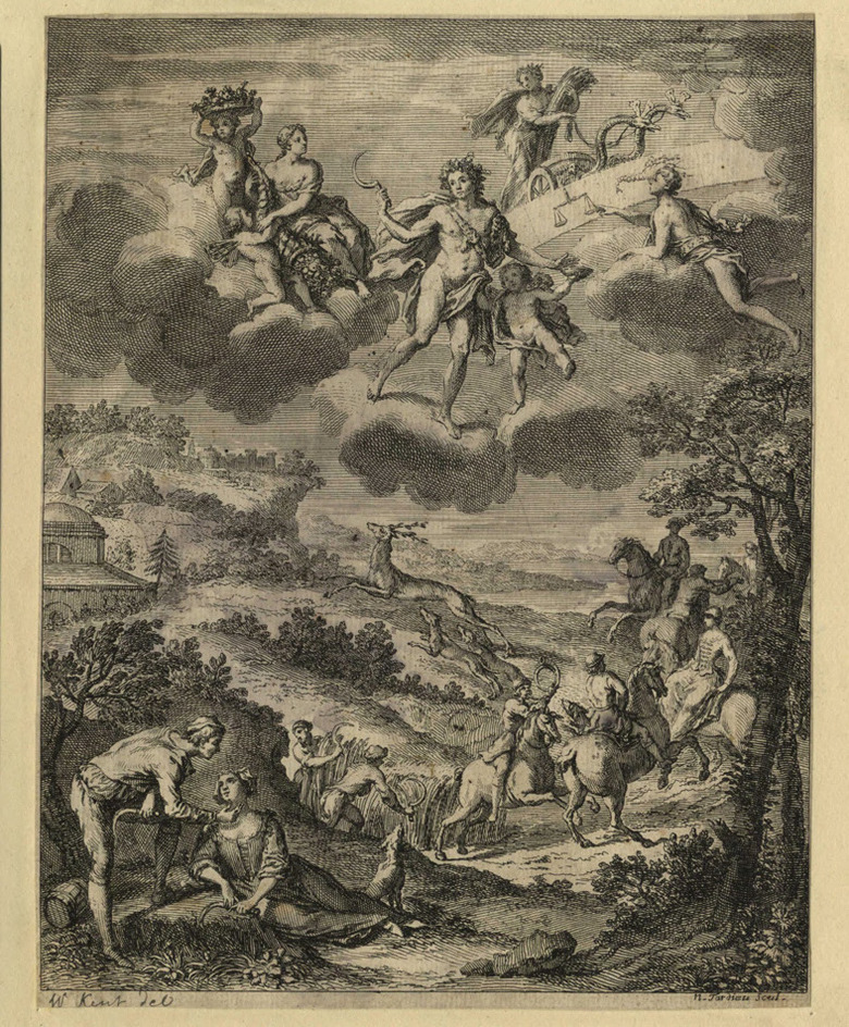 Hunt of a deer, in the foreground men cutting corn